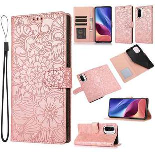 For Xiaomi Redmi K40 / K40 Pro / Poco F3 Skin Feel Embossed Sunflower Horizontal Flip Leather Case with Holder & Card Slots & Wallet & Lanyard(Rose Gold)