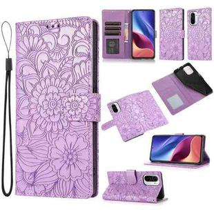 For Xiaomi Redmi K40 / K40 Pro / Poco F3 Skin Feel Embossed Sunflower Horizontal Flip Leather Case with Holder & Card Slots & Wallet & Lanyard(Purple)
