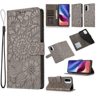 For Xiaomi Redmi K40 / K40 Pro / Poco F3 Skin Feel Embossed Sunflower Horizontal Flip Leather Case with Holder & Card Slots & Wallet & Lanyard(Grey)