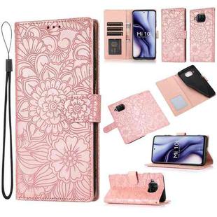 For Xiaomi Mi 10T Lite 5G Skin Feel Embossed Sunflower Horizontal Flip Leather Case with Holder & Card Slots & Wallet & Lanyard(Rose Gold)