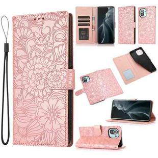 For Xiaomi Mi 11 Skin Feel Embossed Sunflower Horizontal Flip Leather Case with Holder & Card Slots & Wallet & Lanyard(Rose Gold)