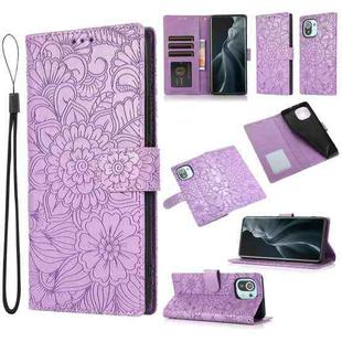 For Xiaomi Mi 11 Skin Feel Embossed Sunflower Horizontal Flip Leather Case with Holder & Card Slots & Wallet & Lanyard(Purple)