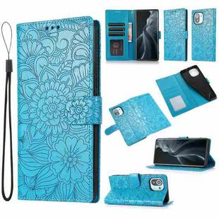 For Xiaomi Mi 11 Skin Feel Embossed Sunflower Horizontal Flip Leather Case with Holder & Card Slots & Wallet & Lanyard(Blue)