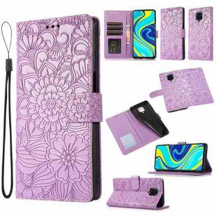 For Xiaomi Redmi Note 9 Pro Skin Feel Embossed Sunflower Horizontal Flip Leather Case with Holder & Card Slots & Wallet & Lanyard(Purple)