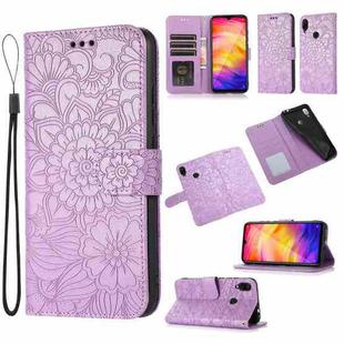 For Xiaomi Redmi Note 7 Skin Feel Embossed Sunflower Horizontal Flip Leather Case with Holder & Card Slots & Wallet & Lanyard(Purple)