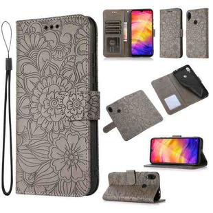 For Xiaomi Redmi Note 7 Skin Feel Embossed Sunflower Horizontal Flip Leather Case with Holder & Card Slots & Wallet & Lanyard(Grey)