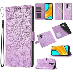 For Xiaomi Redmi 9 Skin Feel Embossed Sunflower Horizontal Flip Leather Case with Holder & Card Slots & Wallet & Lanyard(Purple)