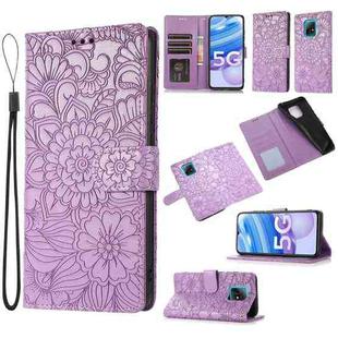 For Xiaomi Redmi 10X 5G Skin Feel Embossed Sunflower Horizontal Flip Leather Case with Holder & Card Slots & Wallet & Lanyard(Purple)