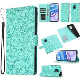 For Xiaomi Redmi 10X 5G Skin Feel Embossed Sunflower Horizontal Flip Leather Case with Holder & Card Slots & Wallet & Lanyard(Green)