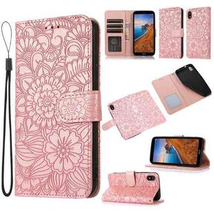 For Xiaomi Redmi 7A Skin Feel Embossed Sunflower Horizontal Flip Leather Case with Holder & Card Slots & Wallet & Lanyard(Rose Gold)