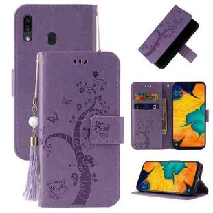 For Samsung Galaxy A20s Embossed Lucky Tree Horizontal Flip Leather Case with Holder & Card Slot & Wallet & Lanyard(Purple)