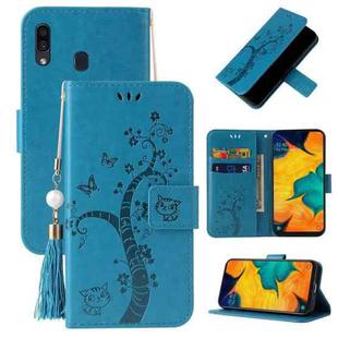 For Samsung Galaxy A20s Embossed Lucky Tree Horizontal Flip Leather Case with Holder & Card Slot & Wallet & Lanyard(Blue)