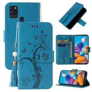 For Samsung Galaxy A21s Embossed Lucky Tree Horizontal Flip Leather Case with Holder & Card Slot & Wallet & Lanyard(Blue)