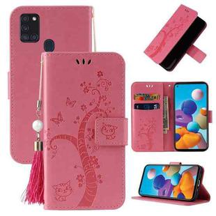 For Samsung Galaxy A21s Embossed Lucky Tree Horizontal Flip Leather Case with Holder & Card Slot & Wallet & Lanyard(Pink)