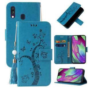 For Samsung Galaxy A40 Embossed Lucky Tree Horizontal Flip Leather Case with Holder & Card Slot & Wallet & Lanyard(Blue)