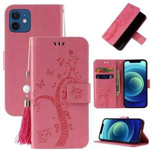 For iPhone 12 mini Embossed Lucky Tree Horizontal Flip Leather Case with Holder & Card Slot & Wallet & Lanyard (Pink)
