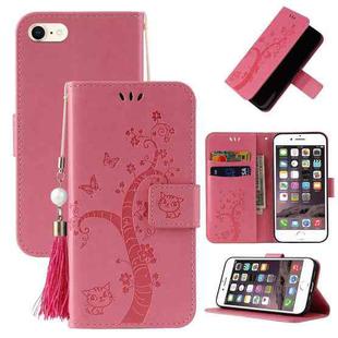 For iPhone SE 2022 / SE 2020 / 8 / 7 Embossed Lucky Tree Horizontal Flip Leather Case with Holder & Card Slot & Wallet & Lanyard(Pink)