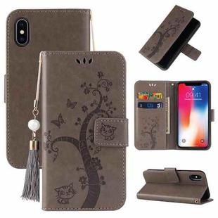 For iPhone X / XS Embossed Lucky Tree Horizontal Flip Leather Case with Holder & Card Slot & Wallet & Lanyard(Grey)