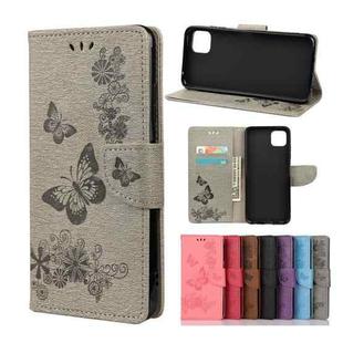 For Samsung Galaxy A22 5G Vintage Embossed Floral Butterfly Pattern Horizontal Flip Leather Case with Card Slot & Holder & Wallet & Lanyard(Grey)