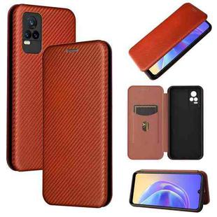 For Vivo V21e Carbon Fiber Texture Horizontal Flip TPU + PC + PU Leather Case with Card Slot(Brown)