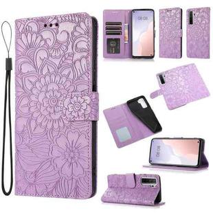For Huawei nova 7 SE Skin Feel Embossed Sunflower Horizontal Flip Leather Case with Holder & Card Slots & Wallet & Lanyard(Purple)
