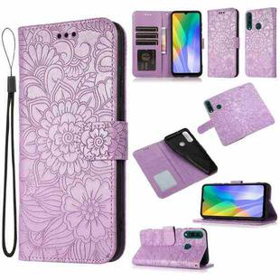For Huawei Y6p Skin Feel Embossed Sunflower Horizontal Flip Leather Case with Holder & Card Slots & Wallet & Lanyard(Purple)