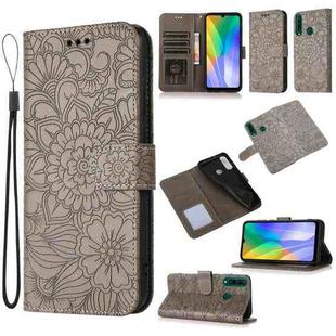 For Huawei Y6p Skin Feel Embossed Sunflower Horizontal Flip Leather Case with Holder & Card Slots & Wallet & Lanyard(Grey)