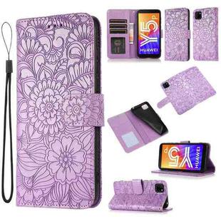 For Huawei Y5p Skin Feel Embossed Sunflower Horizontal Flip Leather Case with Holder & Card Slots & Wallet & Lanyard(Purple)