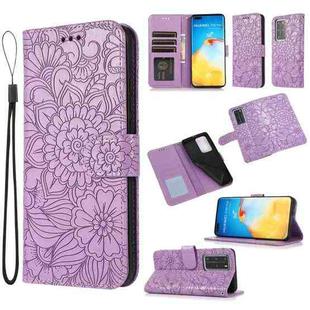 For Huawei P40 Pro Skin Feel Embossed Sunflower Horizontal Flip Leather Case with Holder & Card Slots & Wallet & Lanyard(Purple)