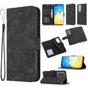 For Huawei P40 Pro Skin Feel Embossed Sunflower Horizontal Flip Leather Case with Holder & Card Slots & Wallet & Lanyard(Black)