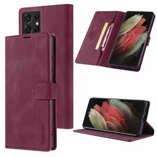 For Samsung Galaxy S21 Ultra 5G TAOKKIM Skin Feel Calf Texture Horizontal Flip PU Leather Case with Holder & Card Slots & Photo Frame & Wallet(Red)