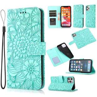 For iPhone 12 Skin Feel Embossed Sunflower Horizontal Flip Leather Case with Holder & Card Slots & Wallet & Lanyard(Green)