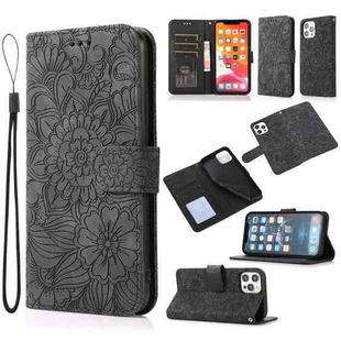 For iPhone 12 Skin Feel Embossed Sunflower Horizontal Flip Leather Case with Holder & Card Slots & Wallet & Lanyard(Black)