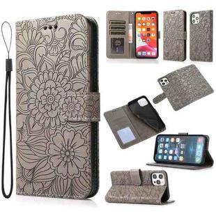 For iPhone 12 Pro Skin Feel Embossed Sunflower Horizontal Flip Leather Case with Holder & Card Slots & Wallet & Lanyard(Gray)