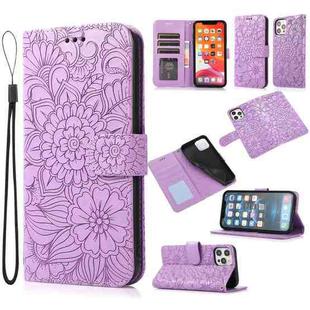 For iPhone 12 Pro Max Skin Feel Embossed Sunflower Horizontal Flip Leather Case with Holder & Card Slots & Wallet & Lanyard(Purple)