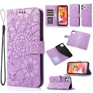 For iPhone 11 Pro Max Skin Feel Embossed Sunflower Horizontal Flip Leather Case with Holder & Card Slots & Wallet & Lanyard (Purple)