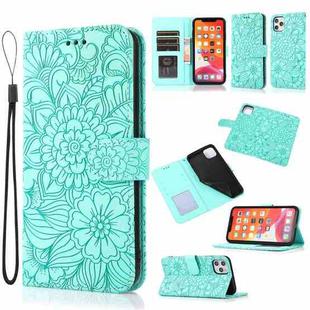 For iPhone 11 Pro Max Skin Feel Embossed Sunflower Horizontal Flip Leather Case with Holder & Card Slots & Wallet & Lanyard (Green)