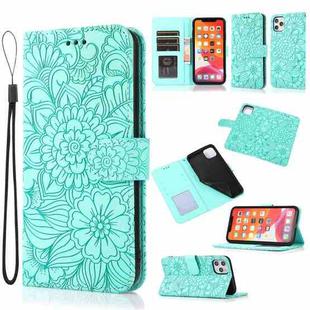 For iPhone 11 Pro Skin Feel Embossed Sunflower Horizontal Flip Leather Case with Holder & Card Slots & Wallet & Lanyard (Green)