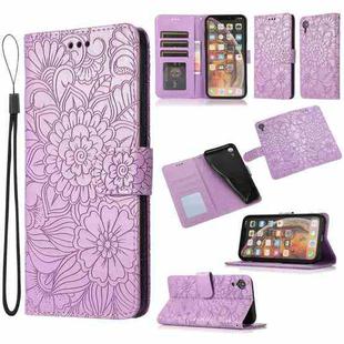 For iPhone XR Skin Feel Embossed Sunflower Horizontal Flip Leather Case with Holder & Card Slots & Wallet & Lanyard(Purple)