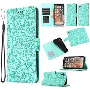 For iPhone XR Skin Feel Embossed Sunflower Horizontal Flip Leather Case with Holder & Card Slots & Wallet & Lanyard(Green)