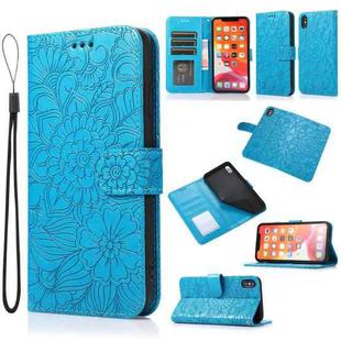 For iPhone X / XS Skin Feel Embossed Sunflower Horizontal Flip Leather Case with Holder & Card Slots & Wallet & Lanyard(Blue)