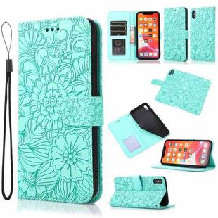 For iPhone X / XS Skin Feel Embossed Sunflower Horizontal Flip Leather Case with Holder & Card Slots & Wallet & Lanyard(Green)