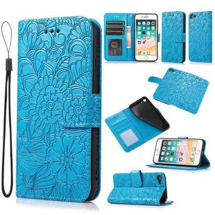 For iPhone SE 2022 / SE 2020 / 7 / 8 Skin Feel Embossed Sunflower Horizontal Flip Leather Case with Holder & Card Slots & Wallet & Lanyard(Blue)