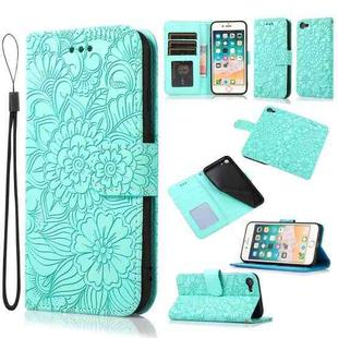 For iPhone SE 2022 / SE 2020 / 7 / 8 Skin Feel Embossed Sunflower Horizontal Flip Leather Case with Holder & Card Slots & Wallet & Lanyard(Green)