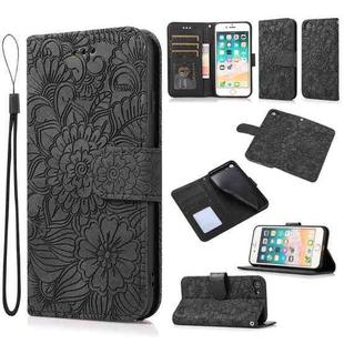 For iPhone SE 2022 / SE 2020 / 7 / 8 Skin Feel Embossed Sunflower Horizontal Flip Leather Case with Holder & Card Slots & Wallet & Lanyard(Black)