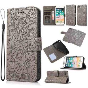 For iPhone SE 2022 / SE 2020 / 7 / 8 Skin Feel Embossed Sunflower Horizontal Flip Leather Case with Holder & Card Slots & Wallet & Lanyard(Gray)