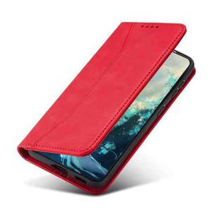 For Xiaomi Poco X3 NFC Skin-feel Calfskin Texture Magnetic Dual-Fold Horizontal Flip Leather Case with Holder & Card Slots & Wallet(Red)