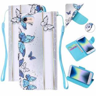 For iPhone SE 2022 / SE 2020 / 8 / 7 Colored Drawing Pattern Cross Texture Horizontal Flip PU Leather Case with Holder & Card Slots & Wallet(Blue Butterfly)