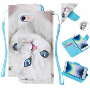 Colored Drawing Pattern Cross Texture Horizontal Flip PU Leather Case with Holder & Card Slots & Wallet For iPhone SE 2022 / SE 2020 / 8 / 7(Blue Eye Cat)