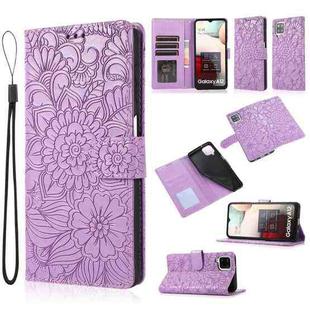 For Samsung Galaxy A12 Skin Feel Embossed Sunflower Horizontal Flip Leather Case with Holder & Card Slots & Wallet & Lanyard(Purple)